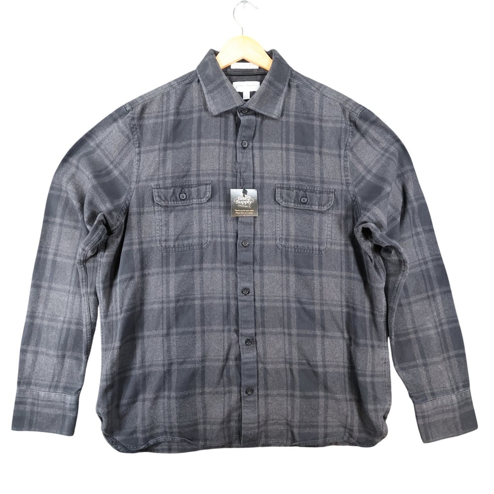 John W. Nordstrom Flannel Shirt Mens Large Gray Supima Cotton Elbow Patch Plaid